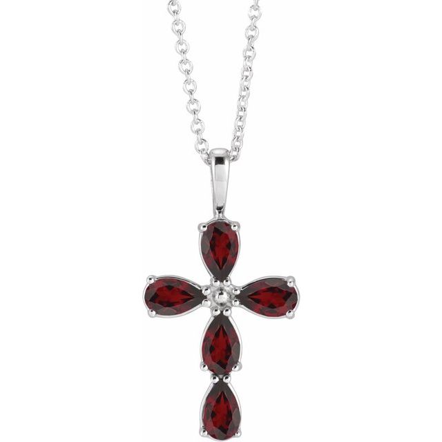 Platinum Natural Mozambique Garnet Cross 16-18" Necklace