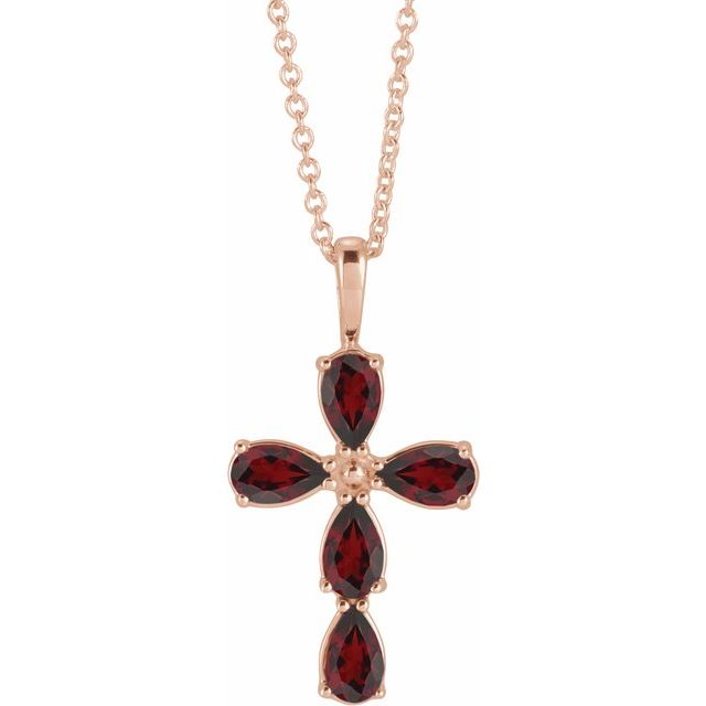 14K Rose Gold Natural Mozambique Garnet Cross 16-18" Necklace