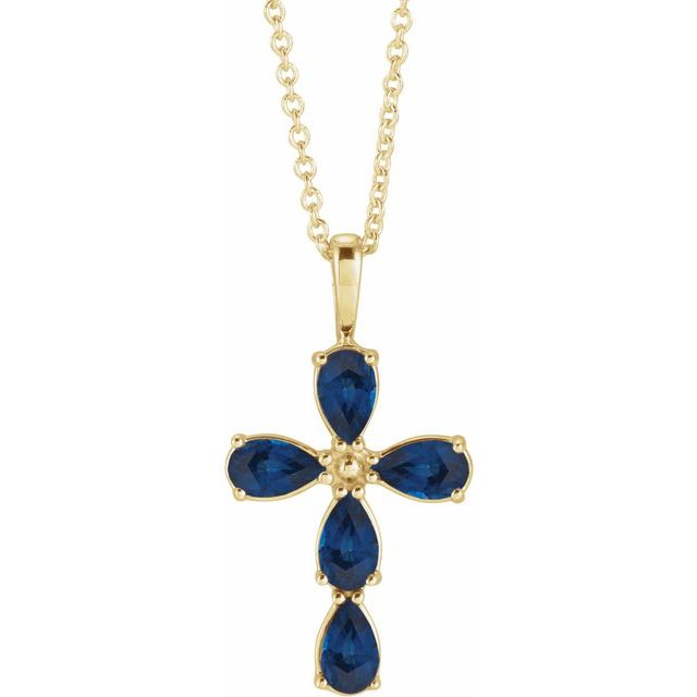 14K Yellow Gold Natural Blue Sapphire Cross 16-18" Necklace