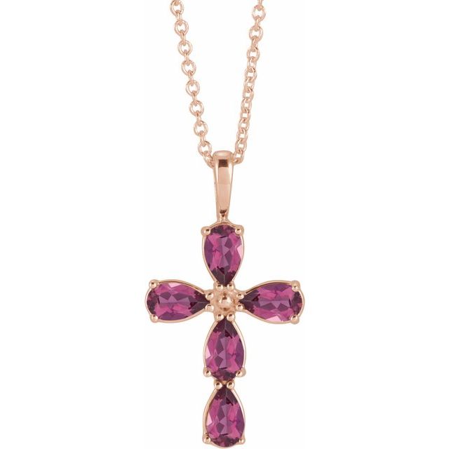14K Rose Gold Natural Pink Tourmaline Cross 16-18" Necklace