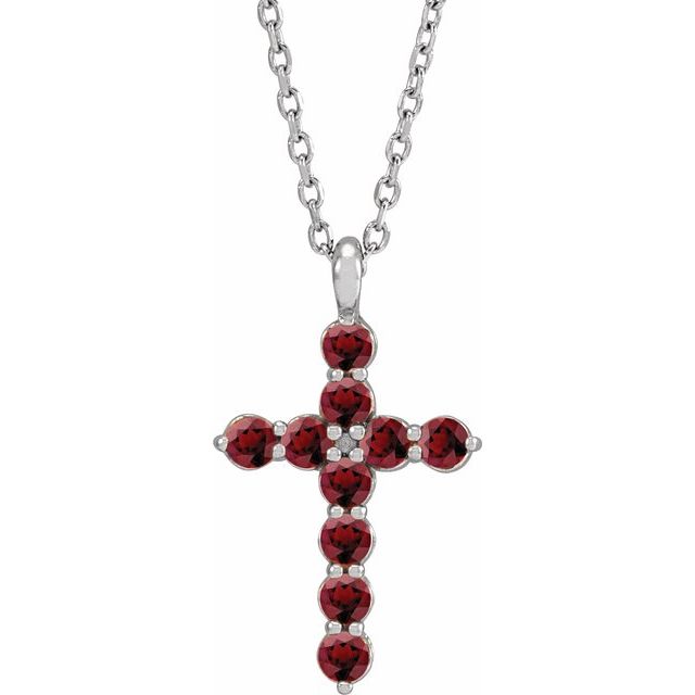 Sterling Silver Natural Mozambique Garnet Cross 16-18" Necklace