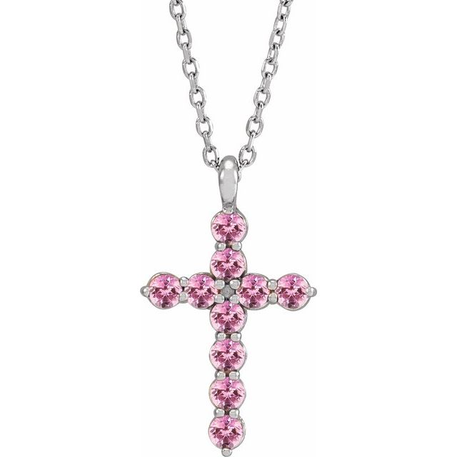Sterling Silver Natural Pink Tourmaline Cross 16-18" Necklace