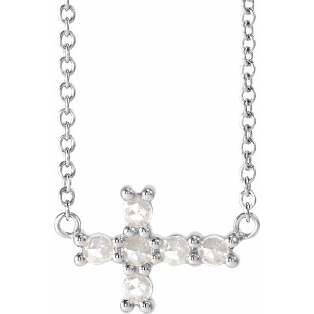 Sterling Silver 1/8 CTW Rose-Cut Natural Diamond Sideways Cross 16-18" Necklace