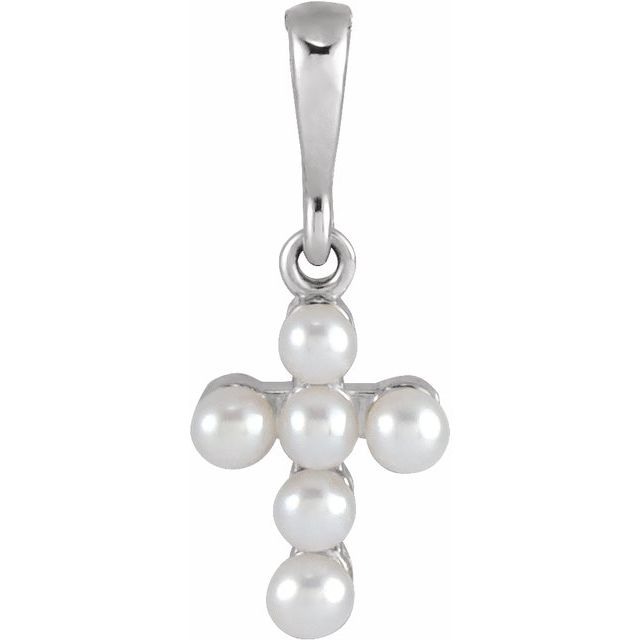 Sterling Silver Cultured White Seed Pearl Youth Cross Pendant
