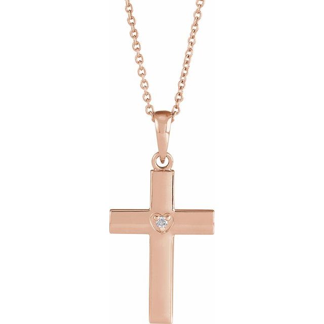 14K Rose Gold .015 CT Natural Diamond Engravable Cross 16-18" Necklace