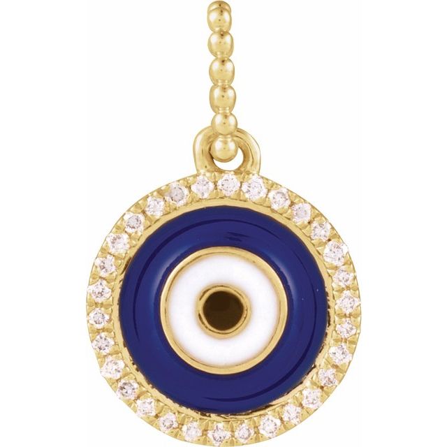 14K Yellow Gold 1/10 CTW Natural Diamond Blue Enameled Evil Eye Pendant