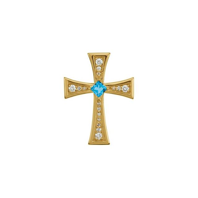 14K Yellow Gold Natural Swiss Blue Topaz & 1/5 CTW Natural Diamond Cross Pendant