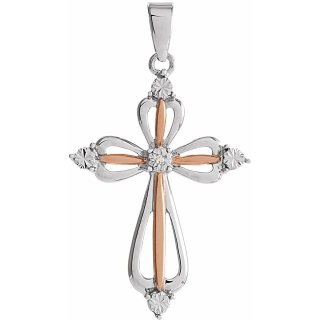 14K Rose Gold-Plated Sterling Silver .03 CT Natural Diamond Cross Pendant