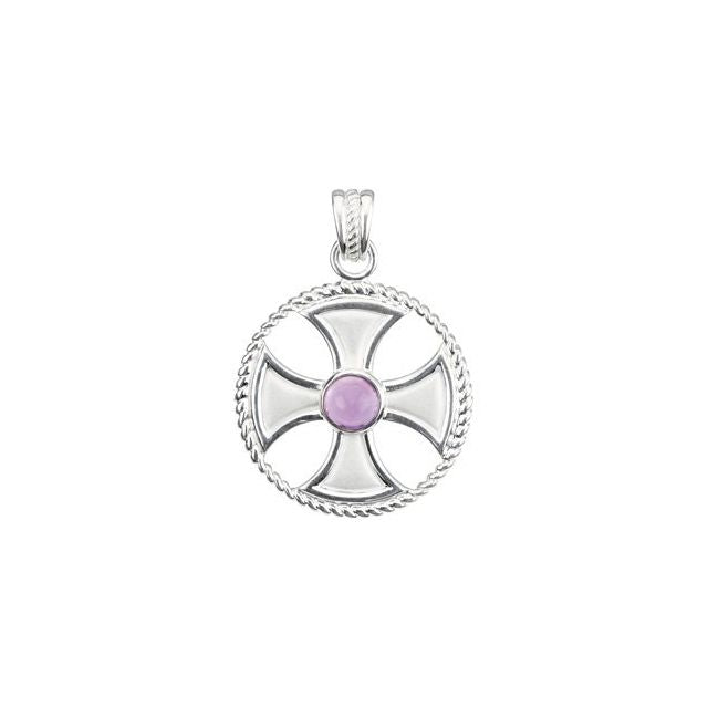 Sterling Silver Natural Amethyst Rope Maltese Cross Pendant