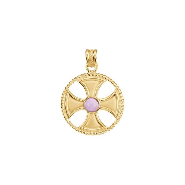 14K Yellow Gold Natural Amethyst Rope Maltese Cross Pendant