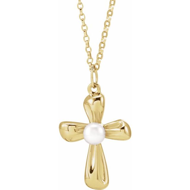 14K Yellow Gold Cultured White Freshwater Pearl Cross 18" Necklace