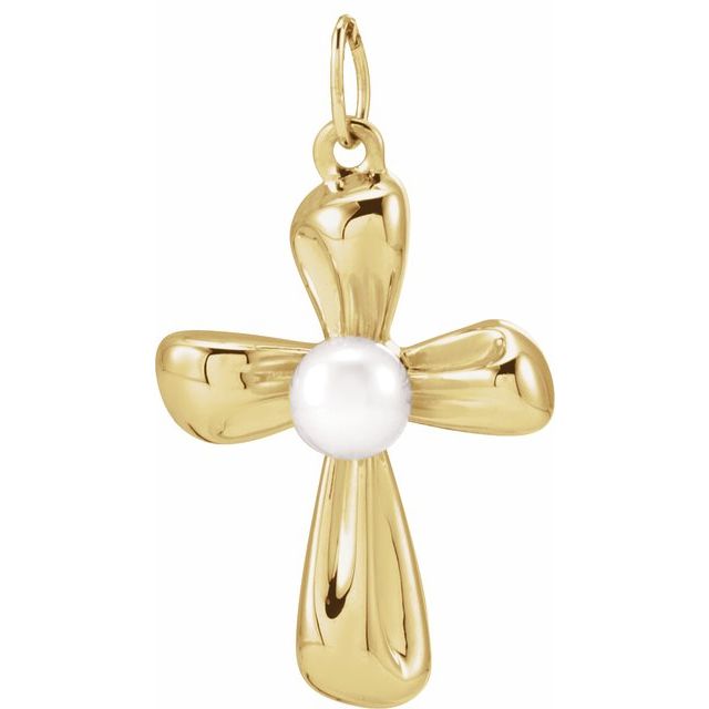 14K Yellow Gold Cultured White Freshwater Pearl Cross Pendant