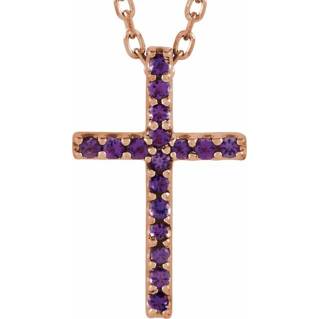 14K Rose Gold Natural Amethyst Petite Cross 16" Necklace