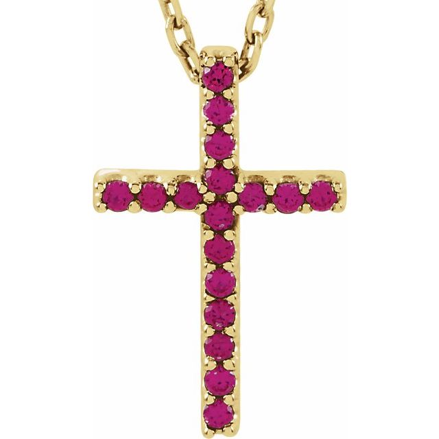 14K Yellow Gold Natural Ruby Petite Cross 16" Necklace