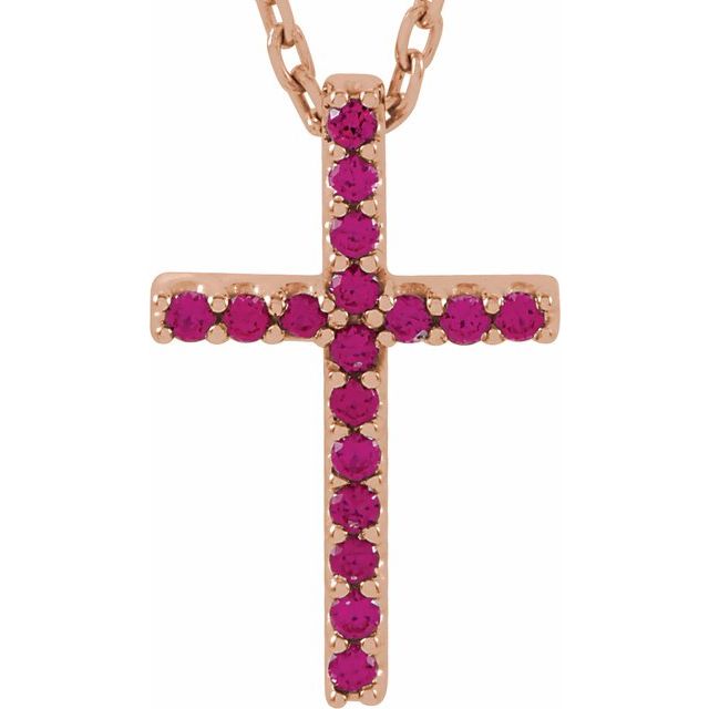 14K Rose Gold Natural Ruby Petite Cross 16" Necklace
