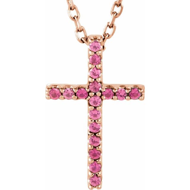 14K Rose Gold Natural Pink Tourmaline Petite Cross 16" Necklace