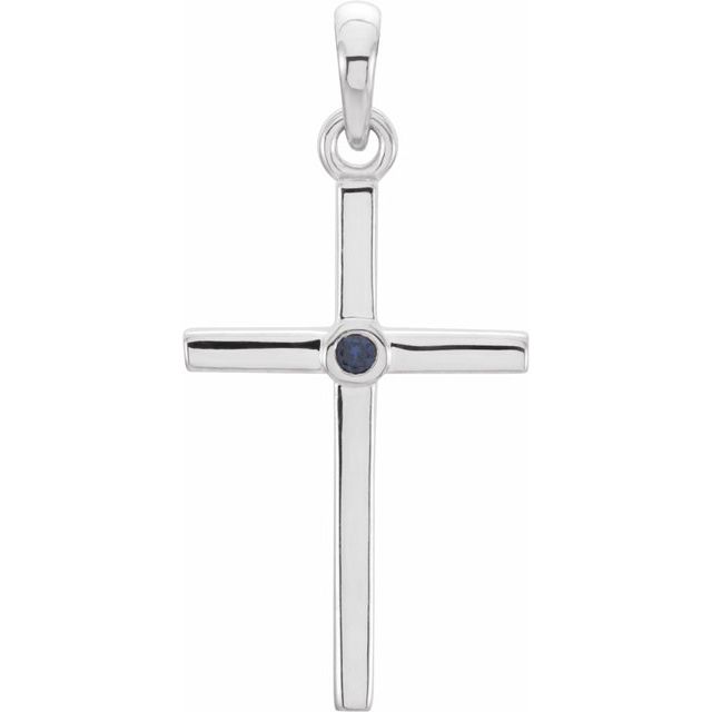 14K White Gold Natural Blue Sapphire Cross Pendant