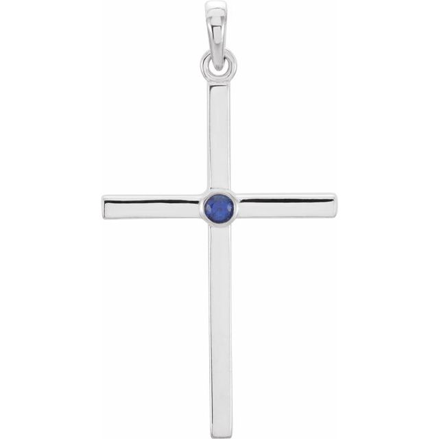 14K White Gold Natural Blue Sapphire Cross Pendant