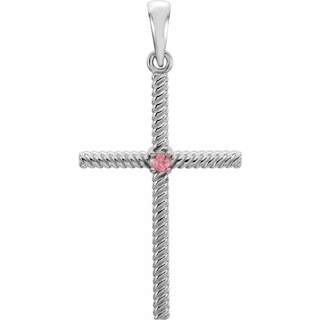 14K White Gold Natural Pink Tourmaline Cross Pendant