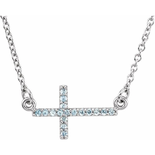 14K White Gold Natural Aquamarine Sideways Cross 16-18" Necklace