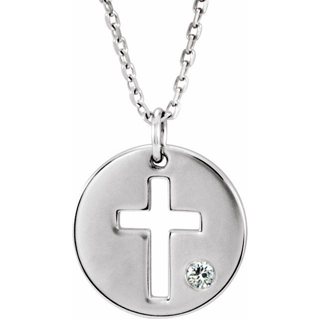 14K White Gold .03 CT Natural Diamond Pierced Cross Disc 16-18" Necklace