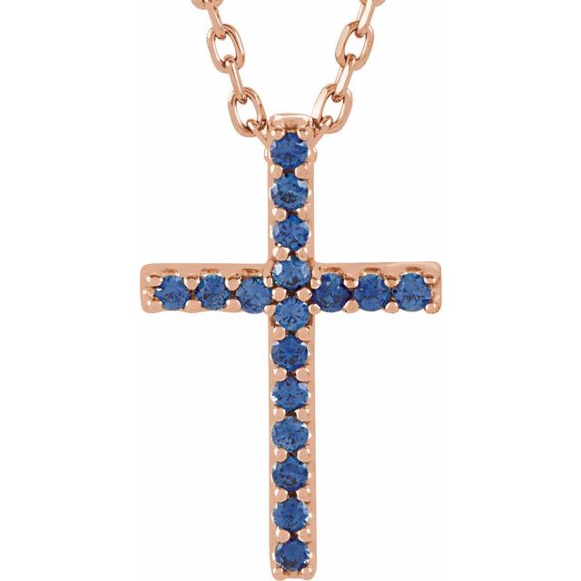 14K Rose Gold Natural Blue Sapphire Petite Cross 16" Necklace
