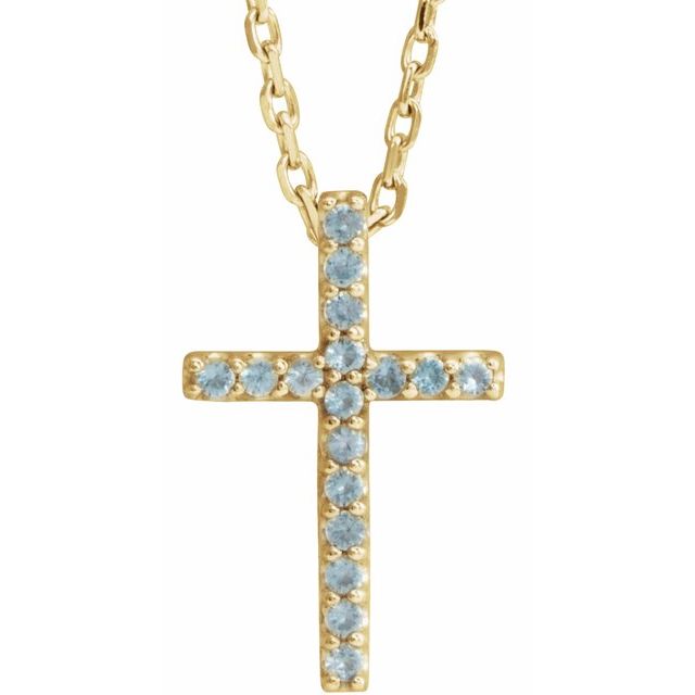 14K Yellow Gold Natural Swiss Blue Topaz Petite Cross 16" Necklace
