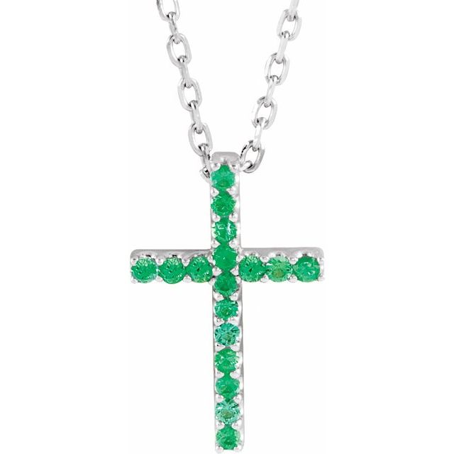 14K White Gold Natural Emerald Petite Cross 16" Necklace