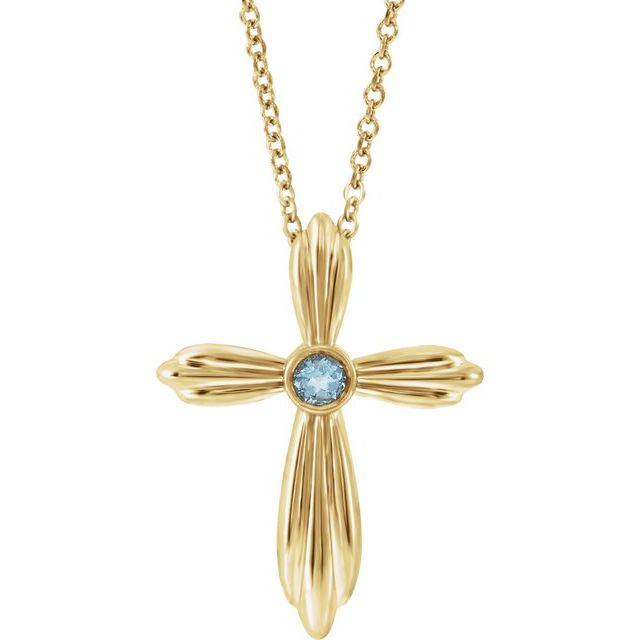 14K Yellow Gold Natural Aquamarine Cross 16-18" Necklace