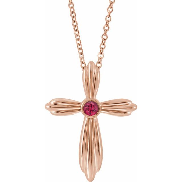 14K Rose Gold Natural Ruby Cross 16-18" Necklace