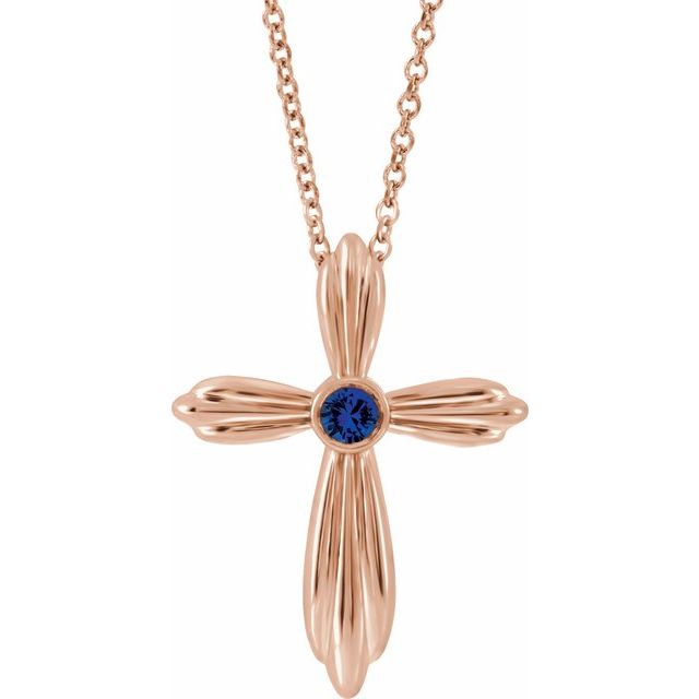 14K Rose Gold Natural Blue Sapphire Cross 16-18" Necklace