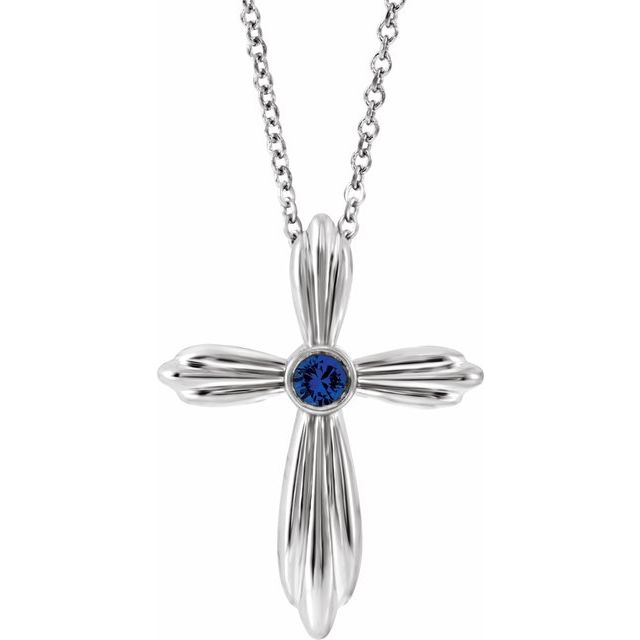 Sterling Silver Natural Blue Sapphire Cross 16-18" Necklace