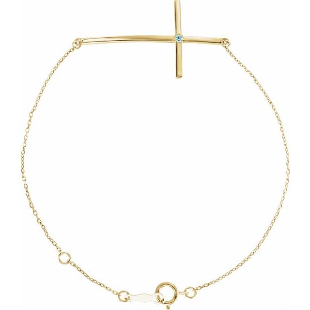 14K Yellow Gold Natural Aquamarine Sideways Cross 7-8" Bracelet