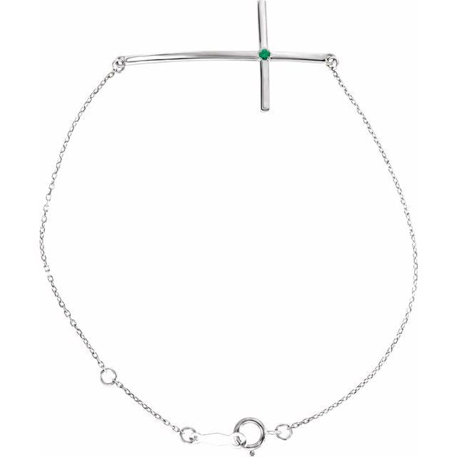 Platinum Natural Emerald Sideways Cross 7-8" Bracelet