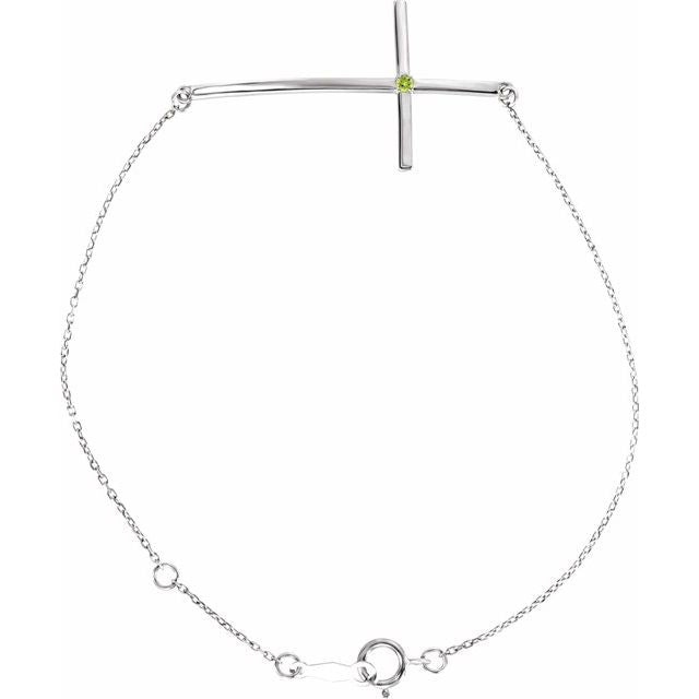 Platinum Natural Peridot Sideways Cross 7-8" Bracelet