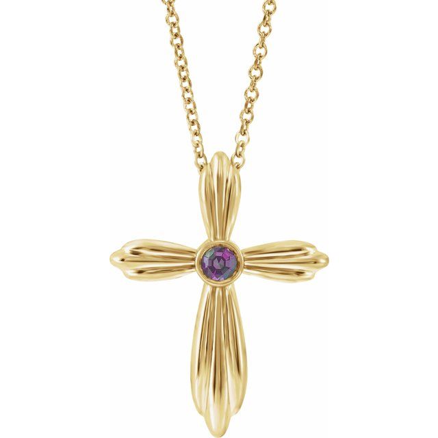 14K Yellow Gold Natural Alexandrite Cross 16-18" Necklace