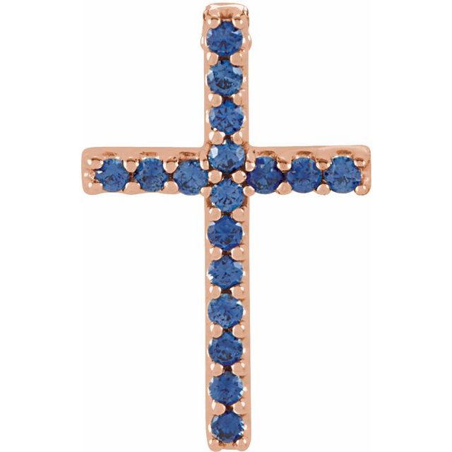 14K Rose Gold Natural Blue Sapphire Petite Cross Pendant