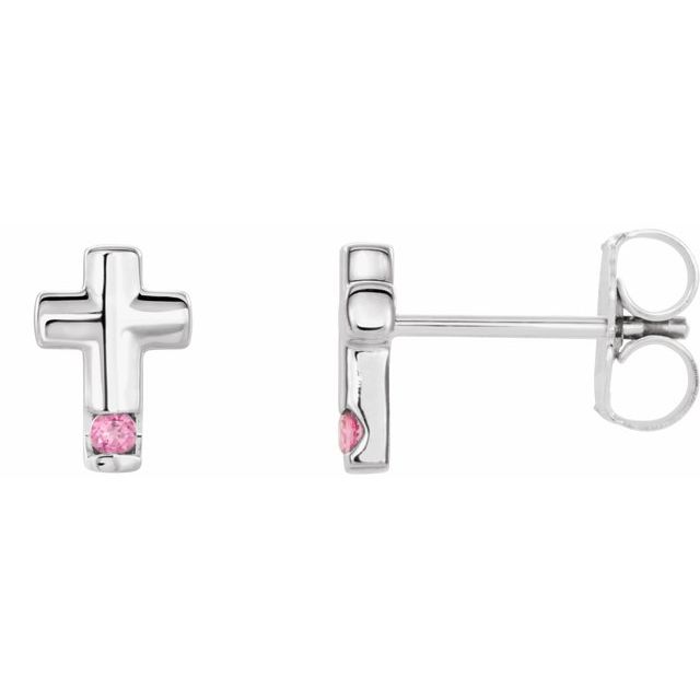14K White Gold Natural Pink Tourmaline Cross Earrings