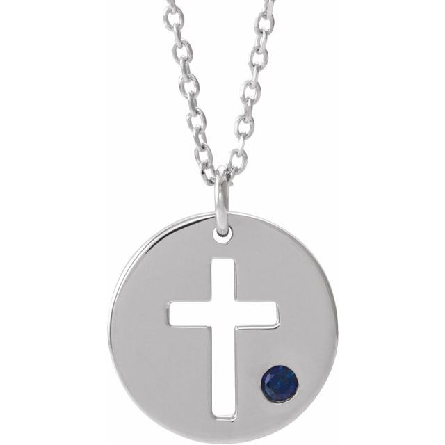 14K White Gold Natural Sapphire Pierced Cross Disc 16-18" Necklace