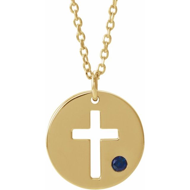 14K Yellow Gold Natural Sapphire Pierced Cross Disc 16-18" Necklace
