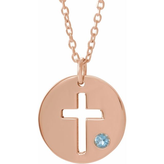 14K Rose Gold Natural Aquamarine Pierced Cross Disc 16-18" Necklace