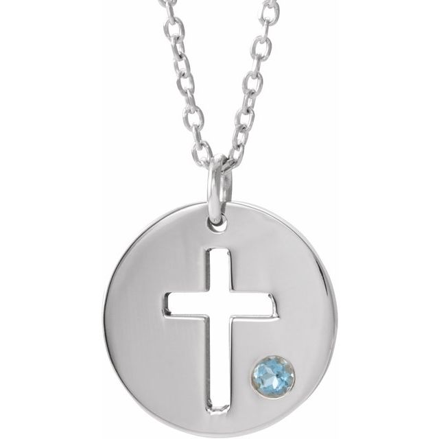 Sterling Silver Imitation Aquamarine Pierced Cross Disc 16-18" Necklace