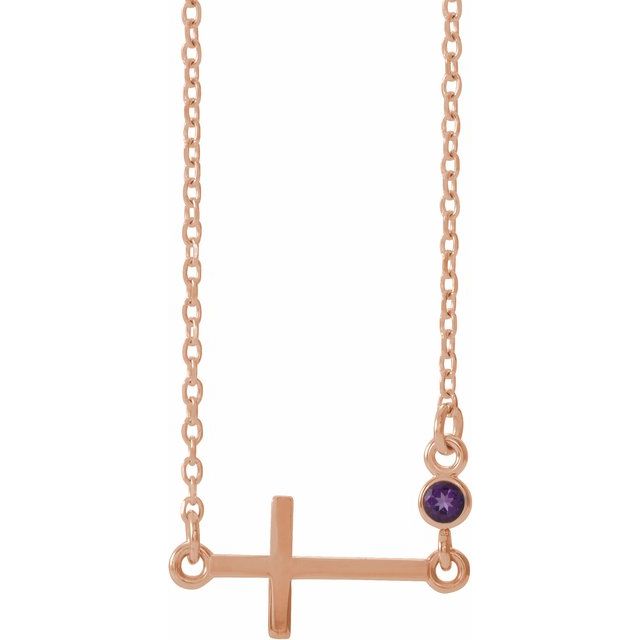 14K Rose Gold Natural Amethyst Sideways Cross 16-18" Necklace