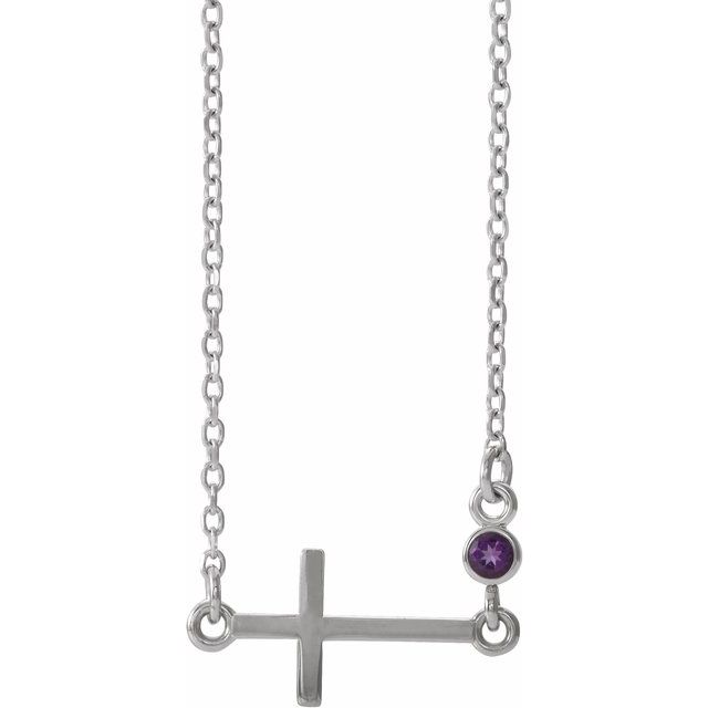 14K White Gold Natural Amethyst Sideways Cross 16-18" Necklace
