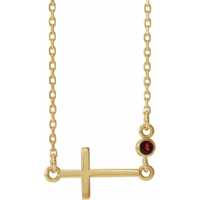 14K Yellow Gold Natural Mozambique Garnet Sideways Cross 16-18" Necklace