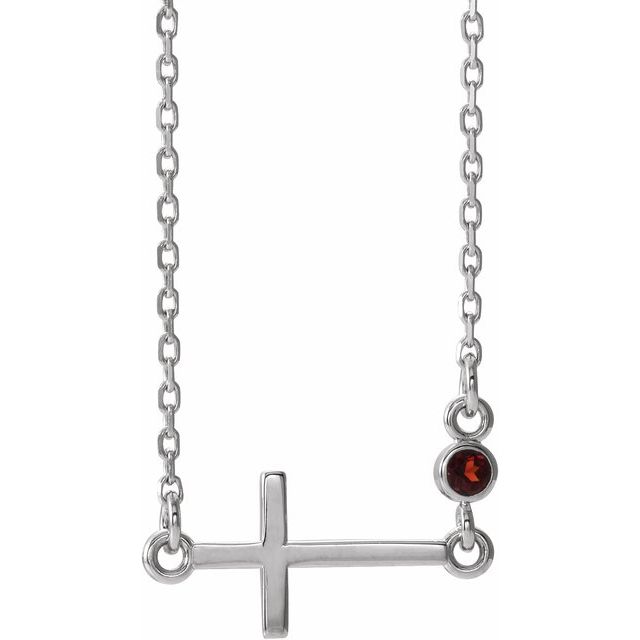 14K White Gold Natural Mozambique Garnet Sideways Cross 16-18" Necklace