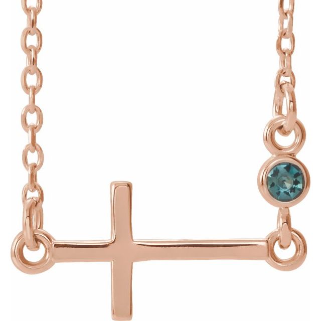 14K Rose Gold Natural Alexandrite Sideways Cross 16-18" Necklace