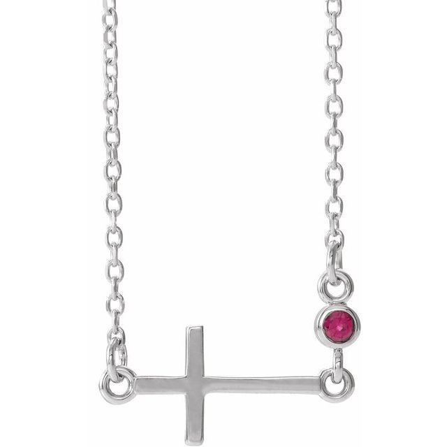 Sterling Silver Natural Ruby Sideways Cross 16-18" Necklace
