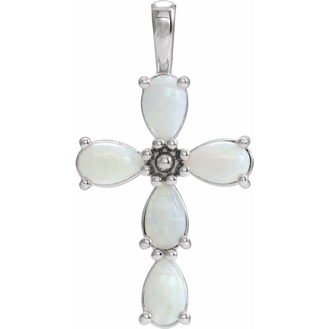 14K White Gold Natural White Opal Cabochon Cross Pendant