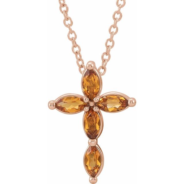 14K Rose Gold Natural Citrine Cross 16-18" Necklace